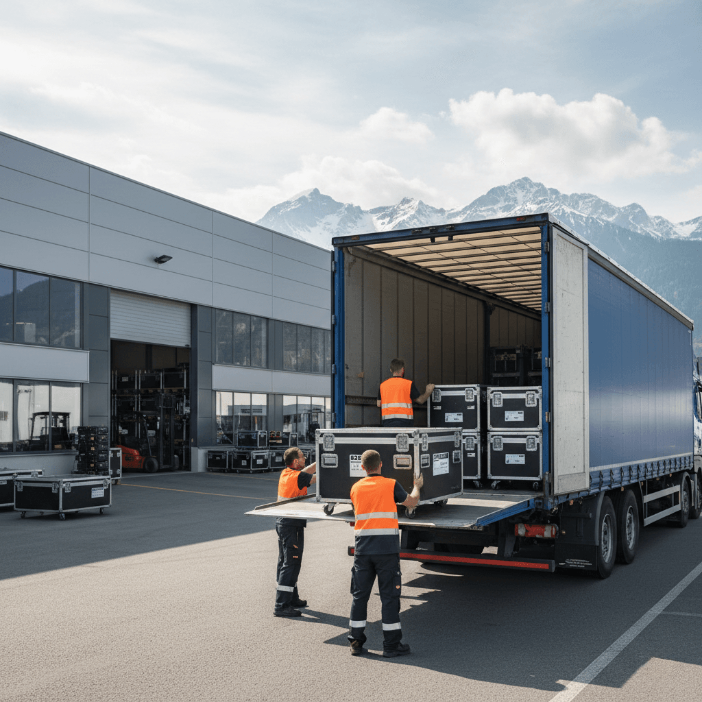 Équipe de techniciens chargeant du matériel LED dans le camion devant notre entrepôt en Valais