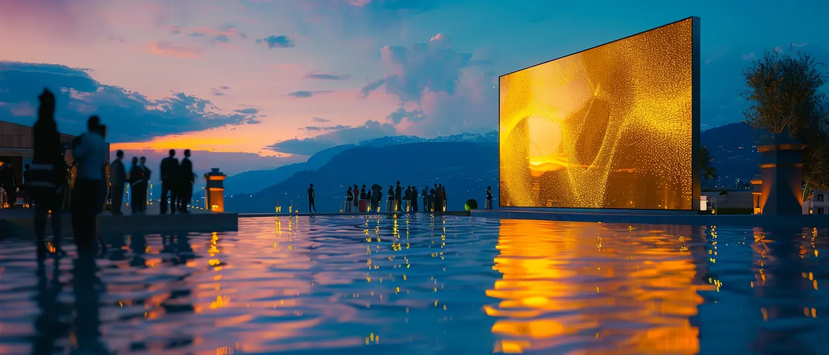 Écran géant LED au bord du lac avec montagnes suisses